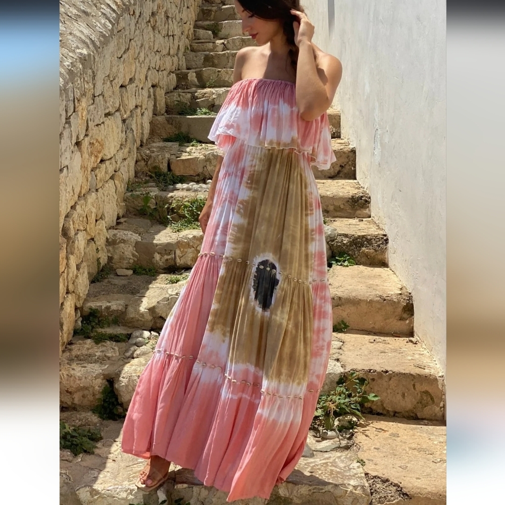 de mil amores Boho Tie-Dye Strapless Maxi Dress with conchas, Pink, One Size - Picture 9 of 16